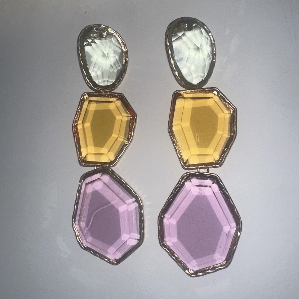 Gold Tone Multicolor Faceted Stone Dangle Earrings Womens 3.5 Inch Statement
